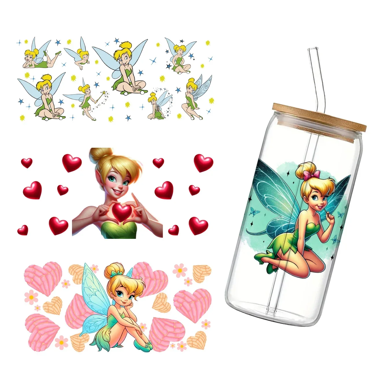 Disney princesa tinker bell 11x24cm uv dtf envolve adesivo de transferência diy para copo de vidro de 16oz decalques à prova dwaterproof água adesivo de copo de café