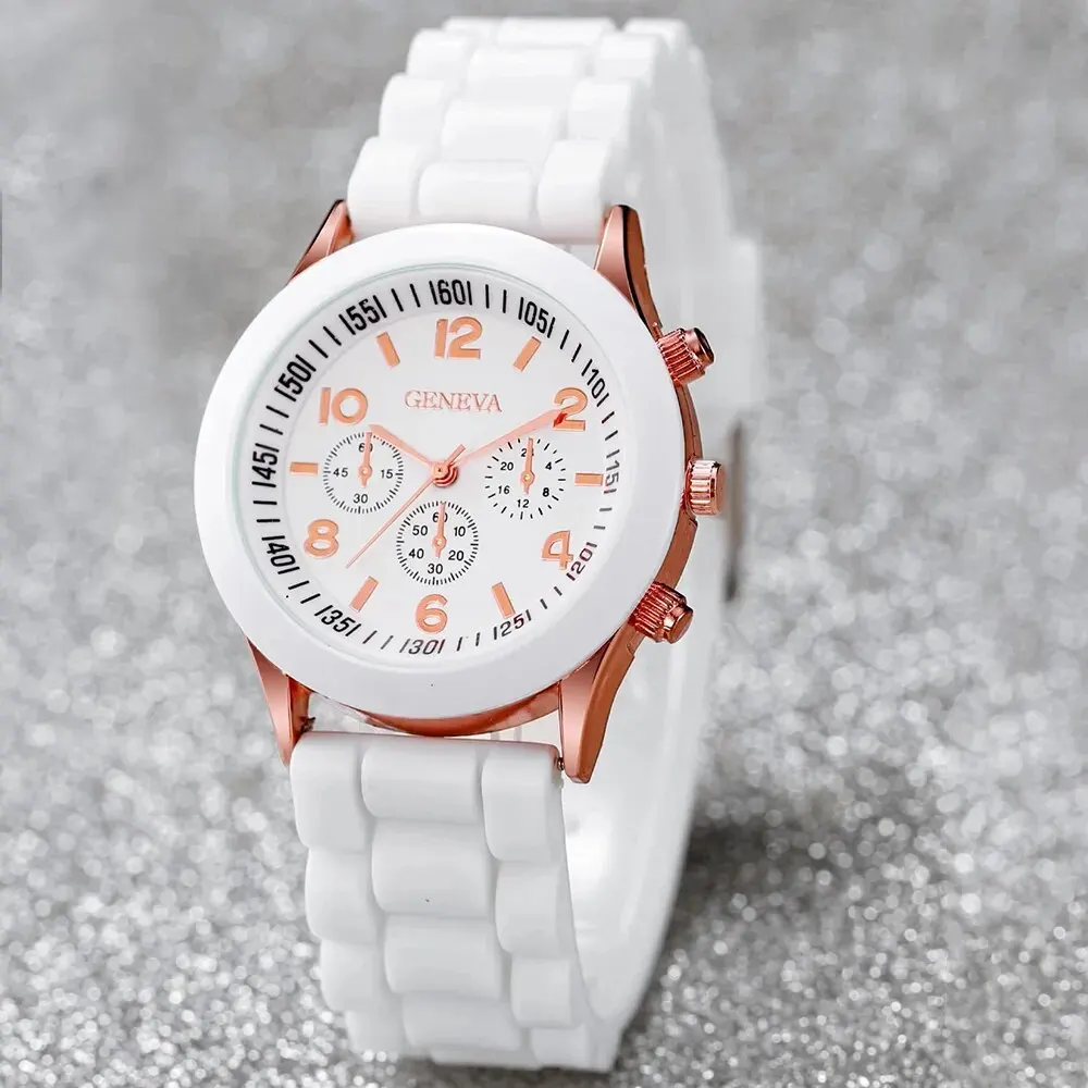 2Pcs Women Watch Luxury Fashion Elegant Alloy Wristwatch Silicone Strap Watch Quartz Holiday Gift No Box New White Watch 2023