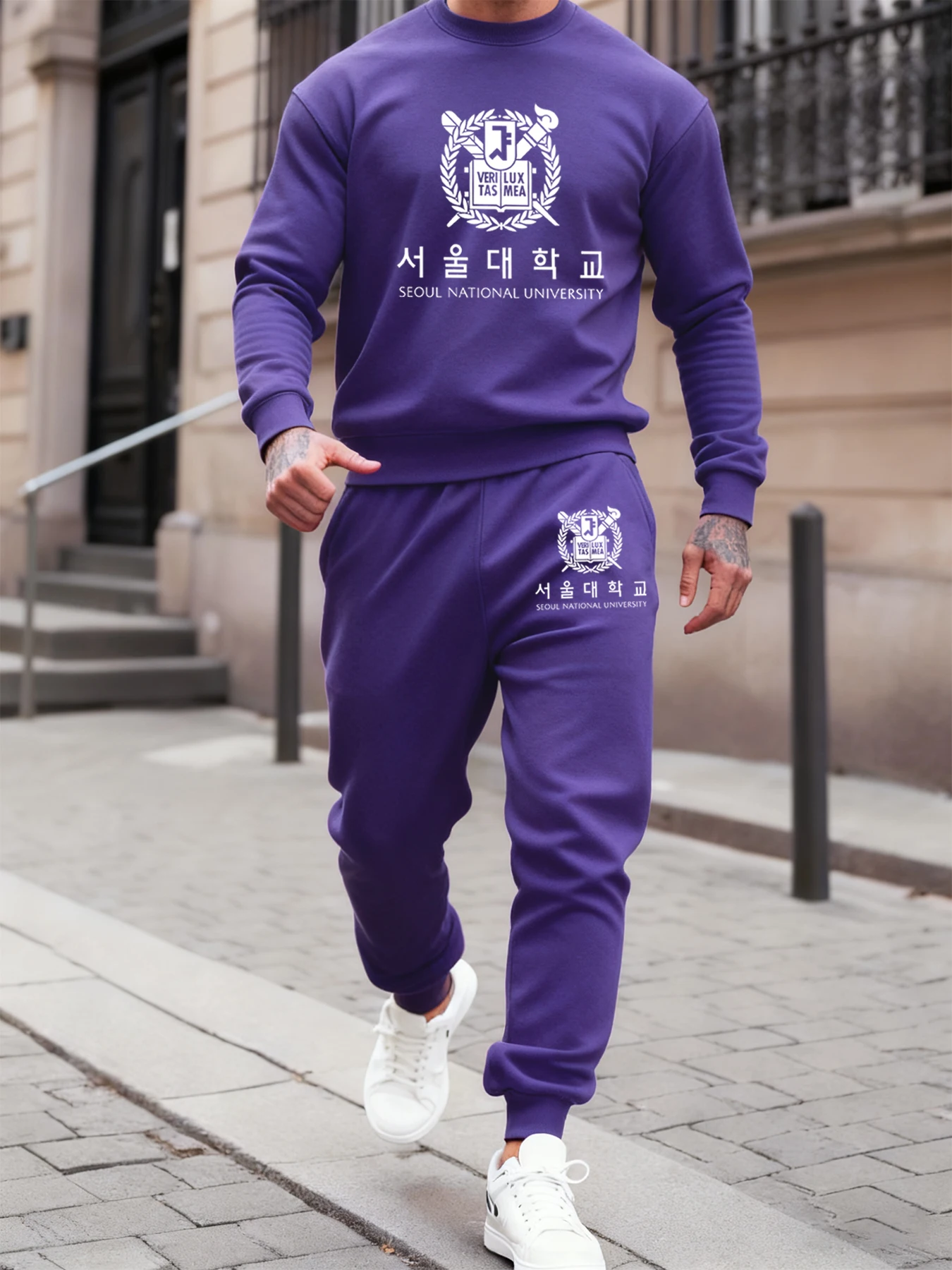 

Seoul National University Print Autumn Winter Fleece Men Hoodie Pants 2 Piece Set Loose Daily Sportpants Soft Fashion Streetwear