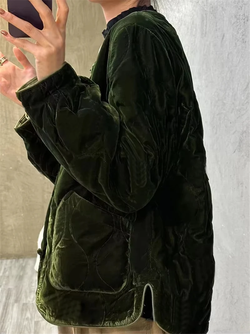 Chaqueta de algodón Retro con cuello redondo para mujer, abrigo informal de terciopelo verde con bolsillo, ropa holgada y cálida de manga larga para invierno, versátil