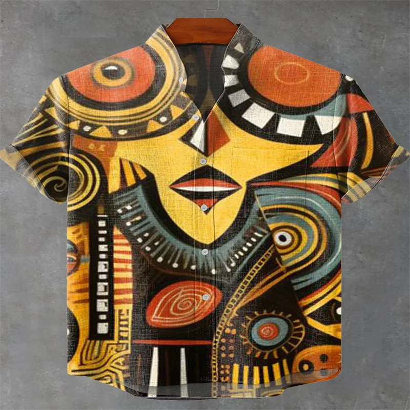 Vintage Abstract Ethnic Rhombus Floral Geometric Stripe Art Print Casual Linen Button Shirt Fast Shipping