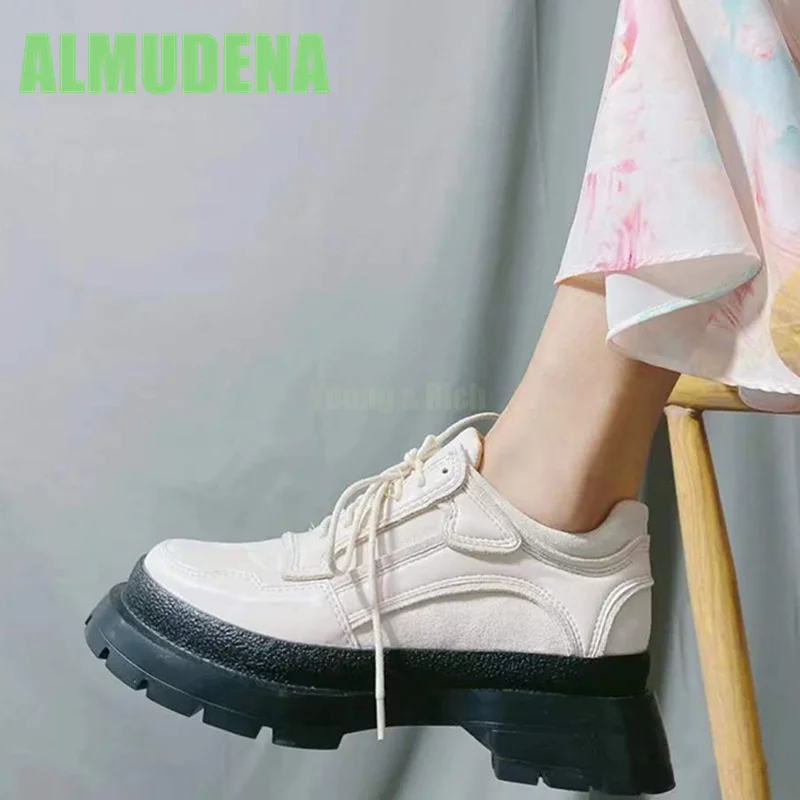 Sponge Cake Thick Soled Small Leather Shoes Fashionable British Style Front Lace Up Design Beige Casual Versatile Single Shoe