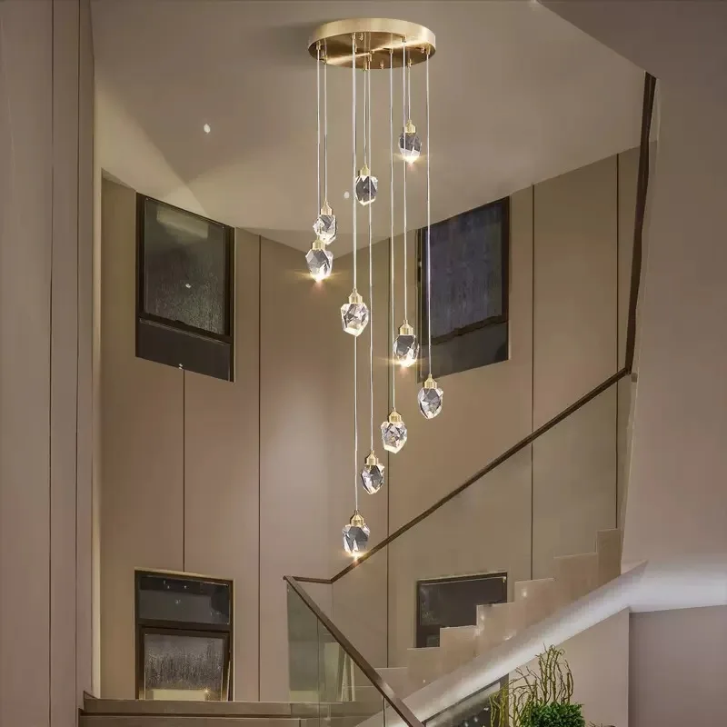 

Duplex building large chandelier loft staircase chandelier villa apartment modern simple crystal light luxury long chandelier