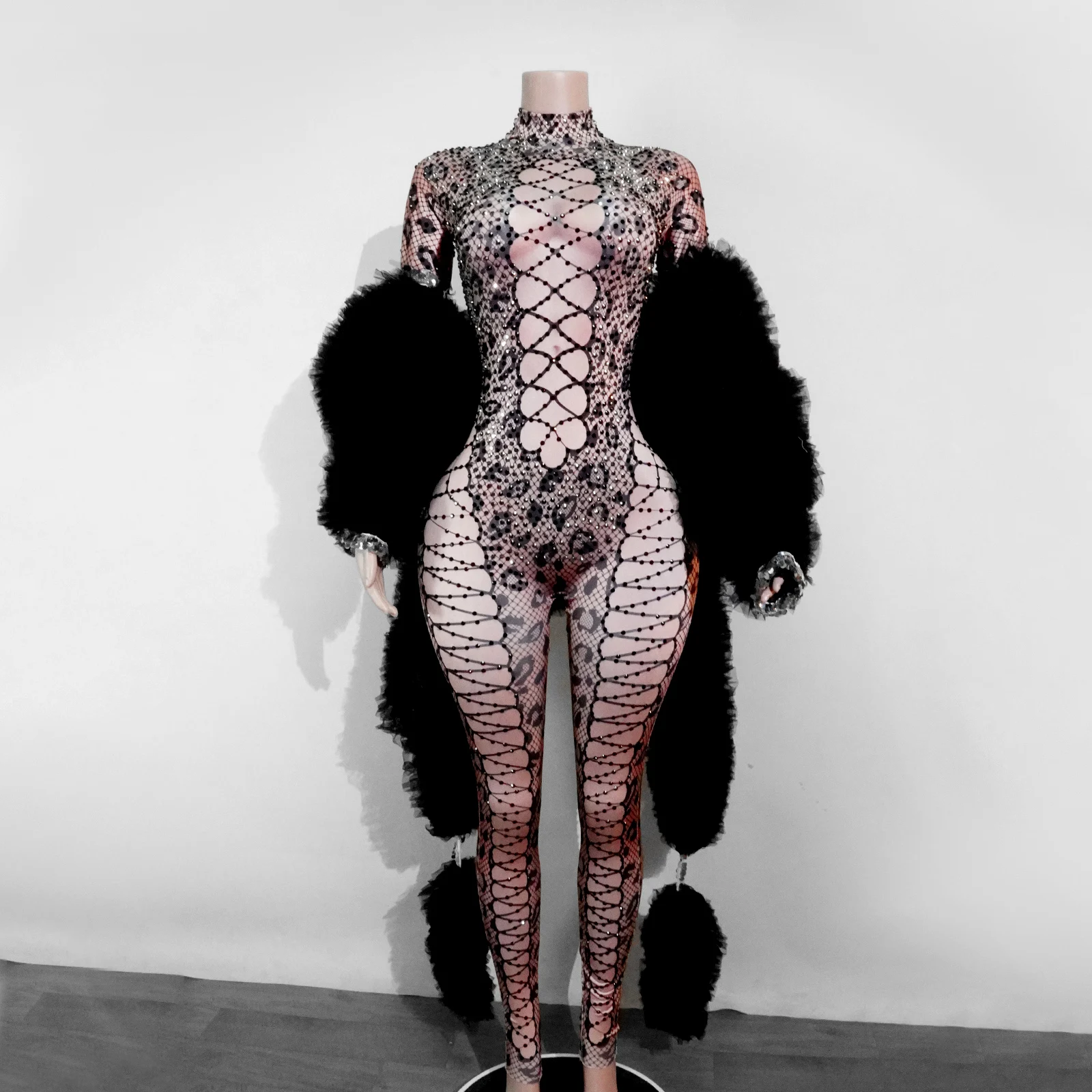 

Hot Sexy Black Diamond Women Full Bodystockings Fishnet Print Jumpsuit Coat Party Stage Dance Tights Nightclub Drag Queen Outfit