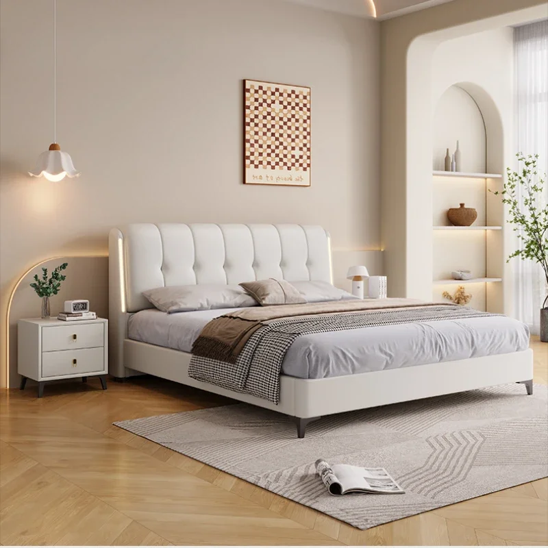 High End Double Bed Frame Modern Master Cute King Bedroom Bed Frame White Modular Genuine Leather Cama Box Casal Room Furniture