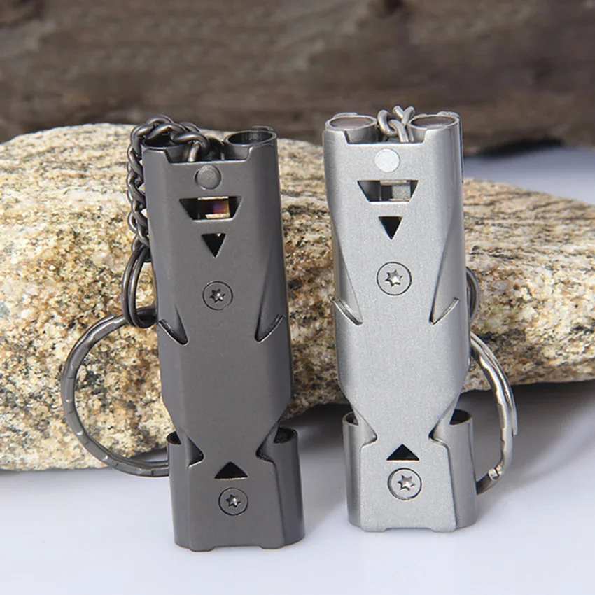 Llavero silbato de emergencia doble tubo acero inoxidable para pesca - imagen 4