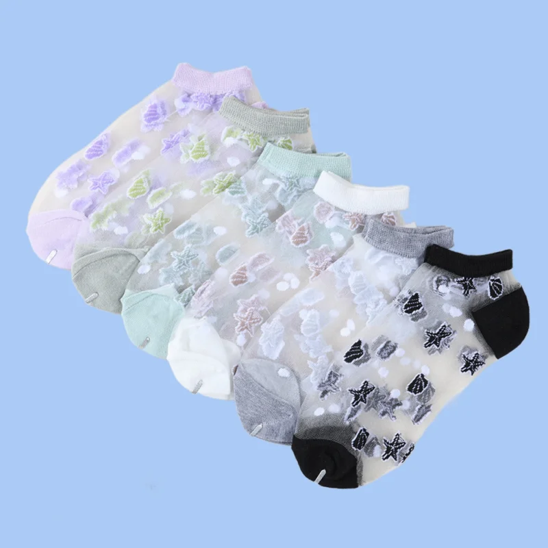 

5/10 Pairs Summer Thin Breathable Shallow Boat Socks All-match Sweet Card Silk Invisible Socks Glass Silk Socks Ladies Crystal