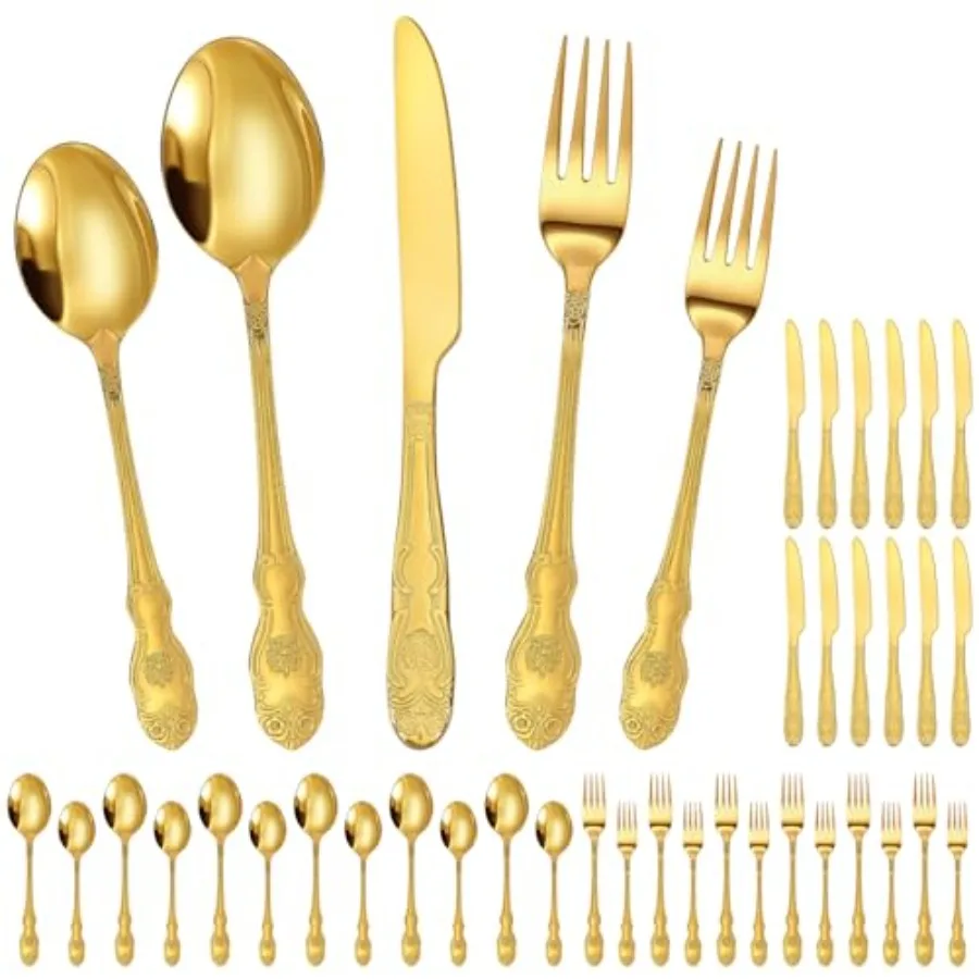 

60 Pcs Gold Silverware Set Service for 12 Stainless Steel Retro Royal Flatware Tableware Cutlery Utensils Set Including Fork Sp