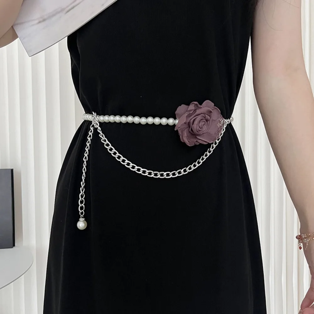 

All-match Camellia Waist Chain Simple Thin Belts Dress Accessories Women Waist Chain Pearl Women Belts Flowers Body Chain Party