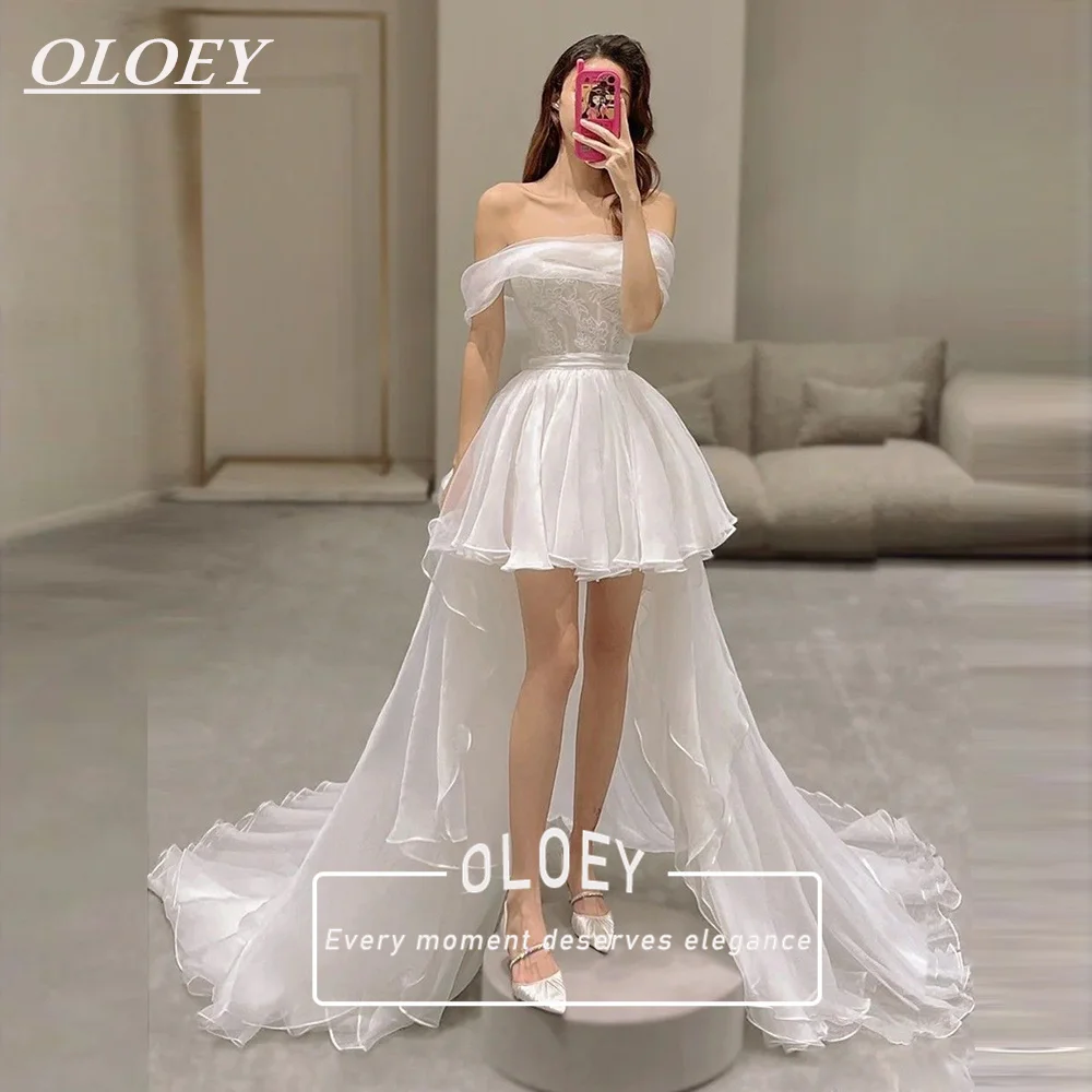 

OLOEY Elegant Off The Shoulder A-line Wedding Dress Silky Organza Puffy Short Bridal Gown Sweep Tail Free Customized Corset