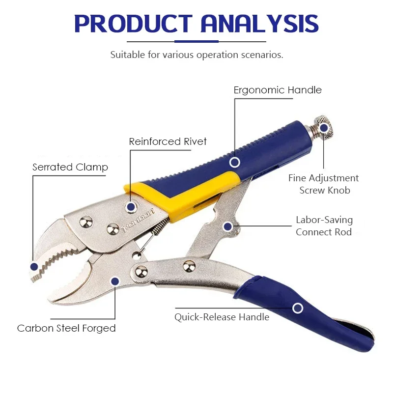 Locking Pliers Set 5-18 Inch Manual Clamp Round Flat Long Nose Large Opening Serrated Jaw Multifunction Heavy Duty Repair Tool