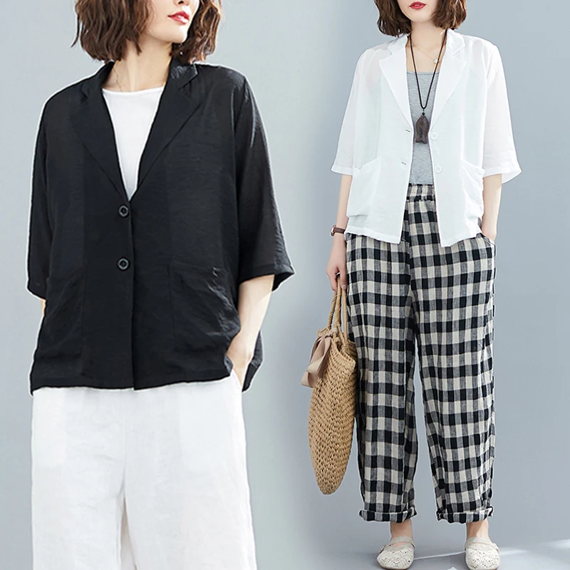 

Чистый цвет, плиссированный хлопковый льняной костюм с двумя пуговицами, женский костюм больших размеров, летняя тонкая верхняя одежда