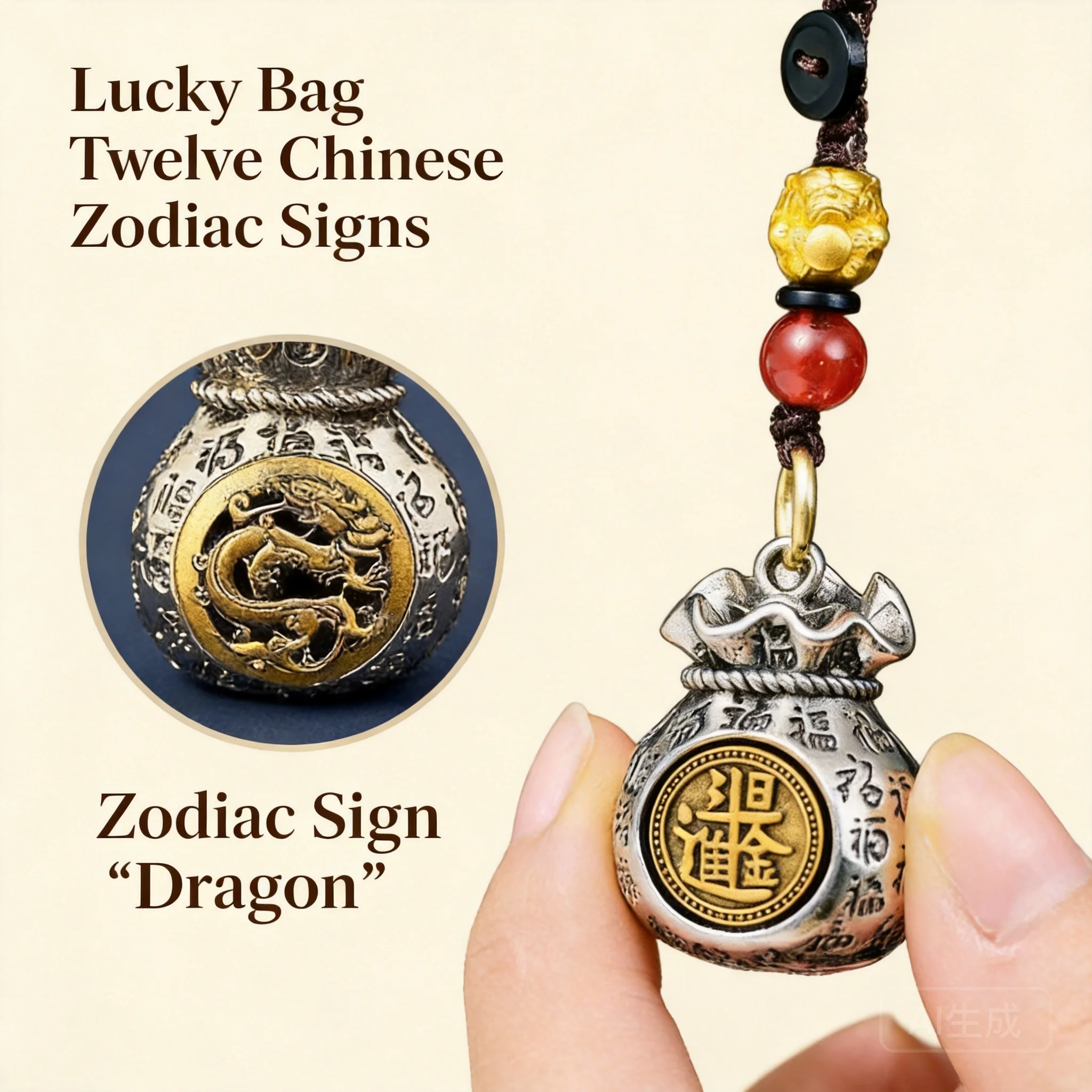 Pendentif Fengshui Chinois 12 Signes du Zodiaque Rotatif Sac Porte-Bonheur Attire la Richesse et la Bénédiction Porte-clés Porte-Bonheur Ornement Suspendu pour Voiture