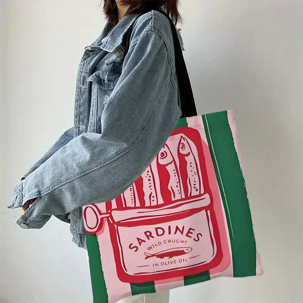 Bunte, trendige Sardinen-Druck-Freizeithandtasche, wiederverwendbarer modischer Rucksack, multifunktionale Einkaufstasche, Polyester-Einkaufstasche – Detail 8
