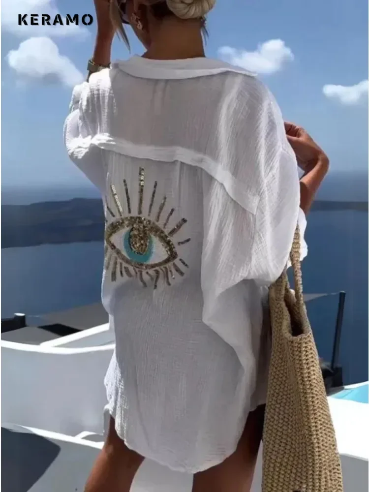 

Casual Printting Turn-down Collar Loose Fit Blouses 2025 Summer Women's High Street Long Sleeve Beach Style Baggy Shirts Top
