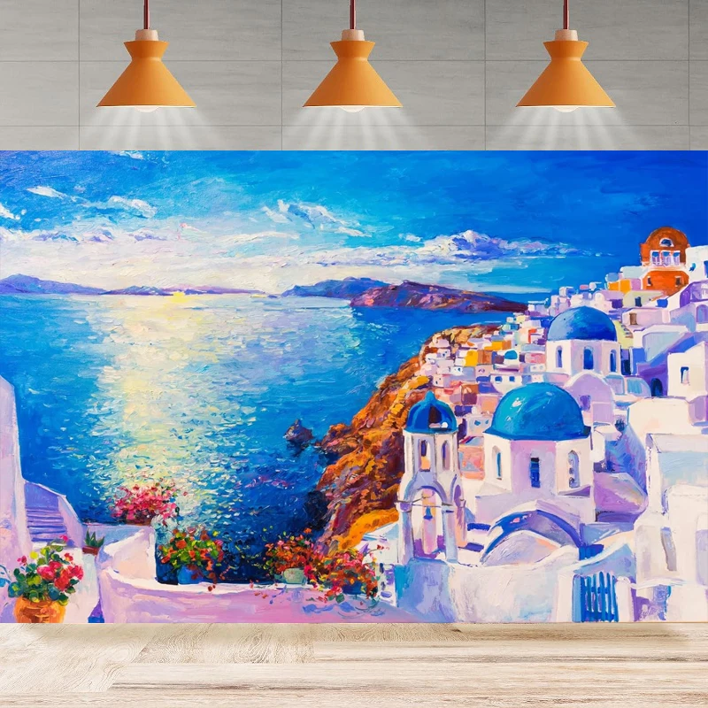 

Greece City Photography Backdrop Oil Painting Santorini Island Landscape Greece Town Village Background Birthday Party Banner