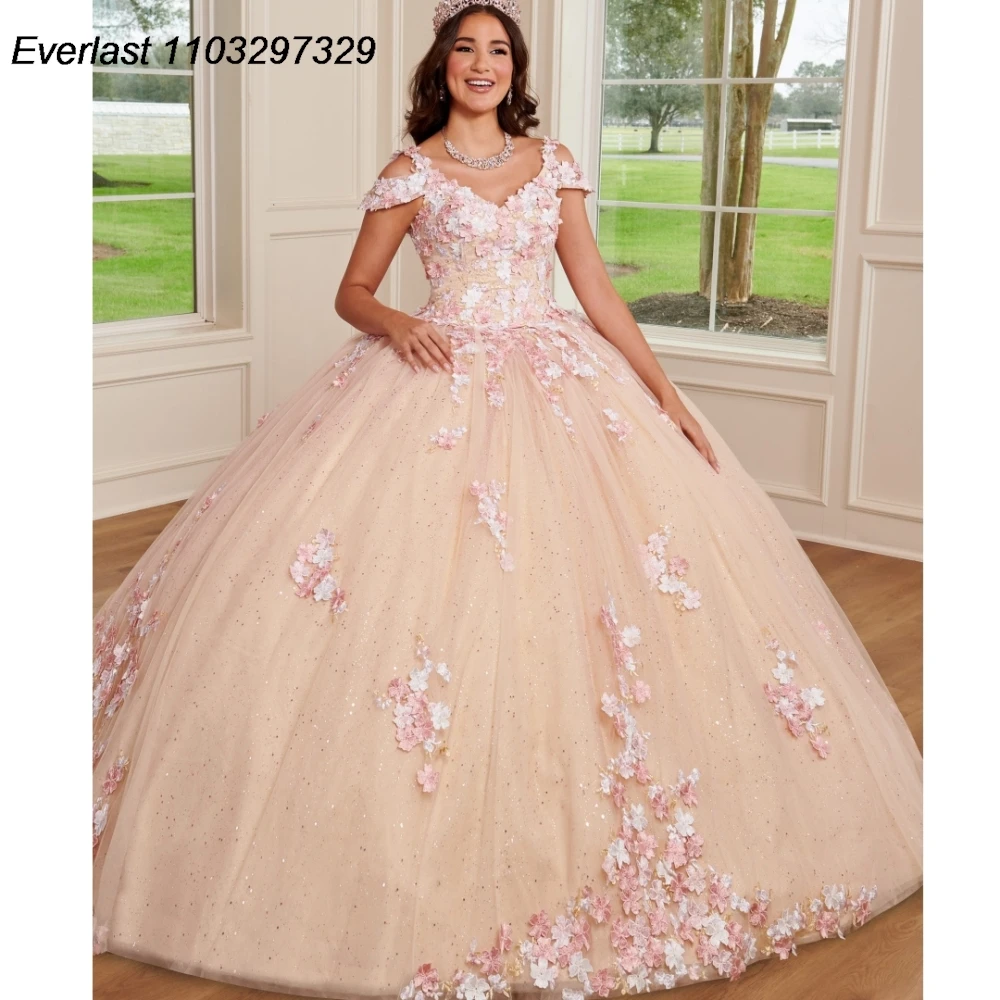 

EVLAST Sparkly Pink 2024 Quinceanera Dress Ball Gown 3D Floral Applique Beading Mexico Corset Sweet 16 Vestido De 15 Anos TQD469