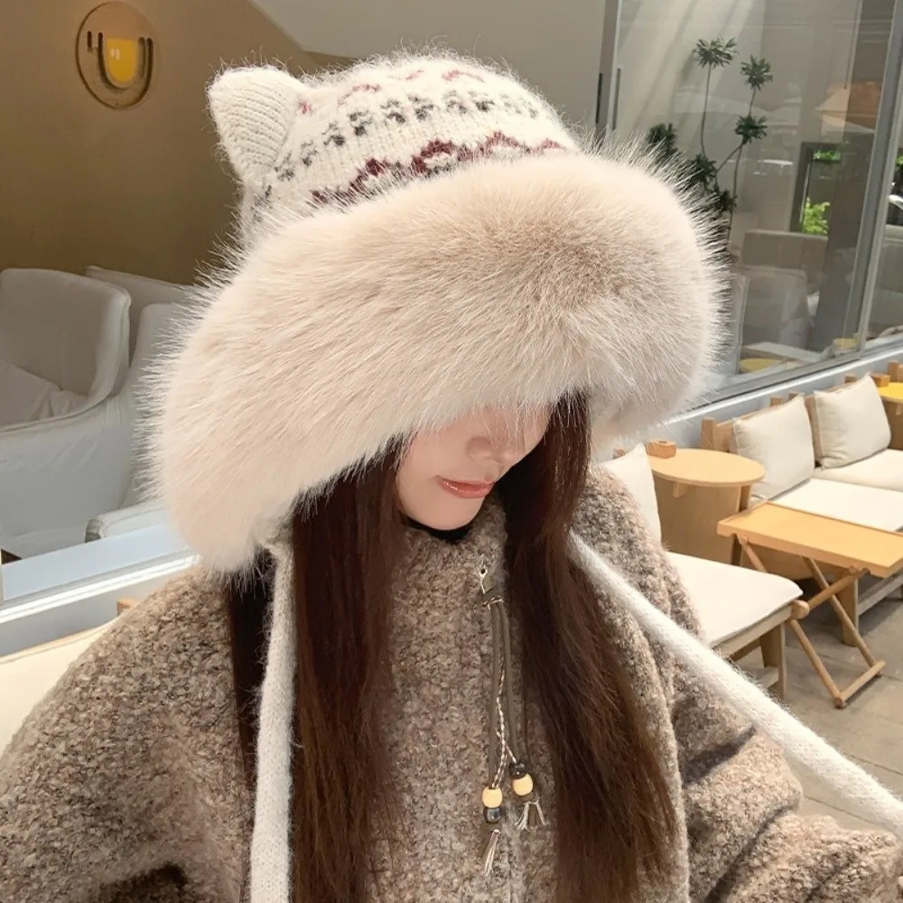 Polyester Thick Knitted Hat Fair Isle Pattern Ear Protection Cat Ears Hat 56cm to 58cm Ear Flaps Winter Warm Hat Outdoor