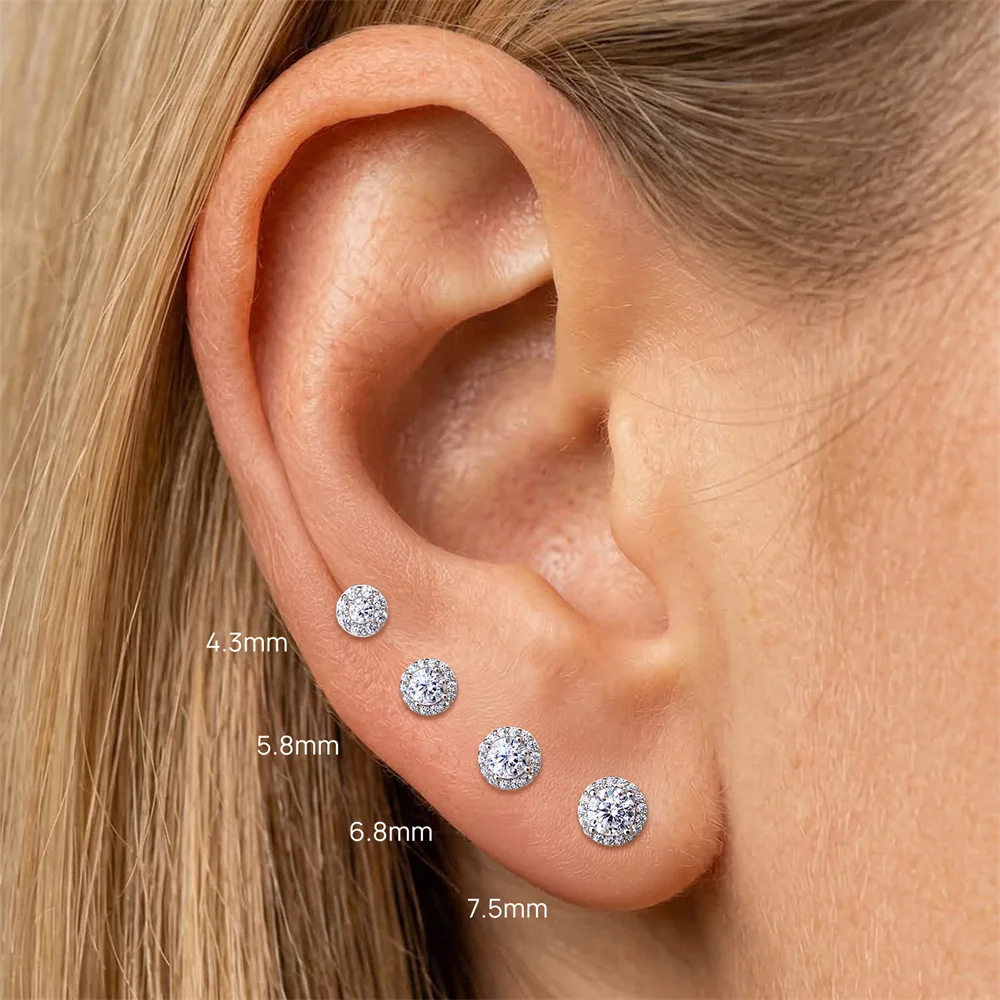 Aide 1 Stück 925 Sterling Silber Moissanit Halo Piercing Ohrstecker mit Schraubverschluss, rund, für Knorpel, 2-4 mm, für Damen und Herren – Detail 25