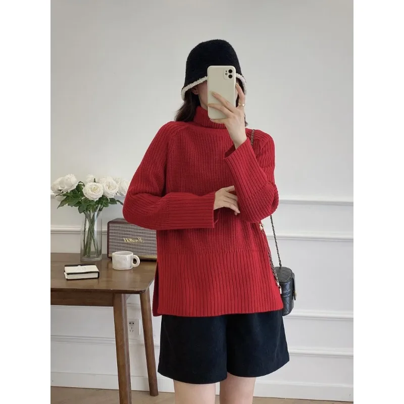 TRAF-Jersey de cuello alto para mujer, Jersey de punto Y2k de manga larga, color rojo, para invierno, 2024