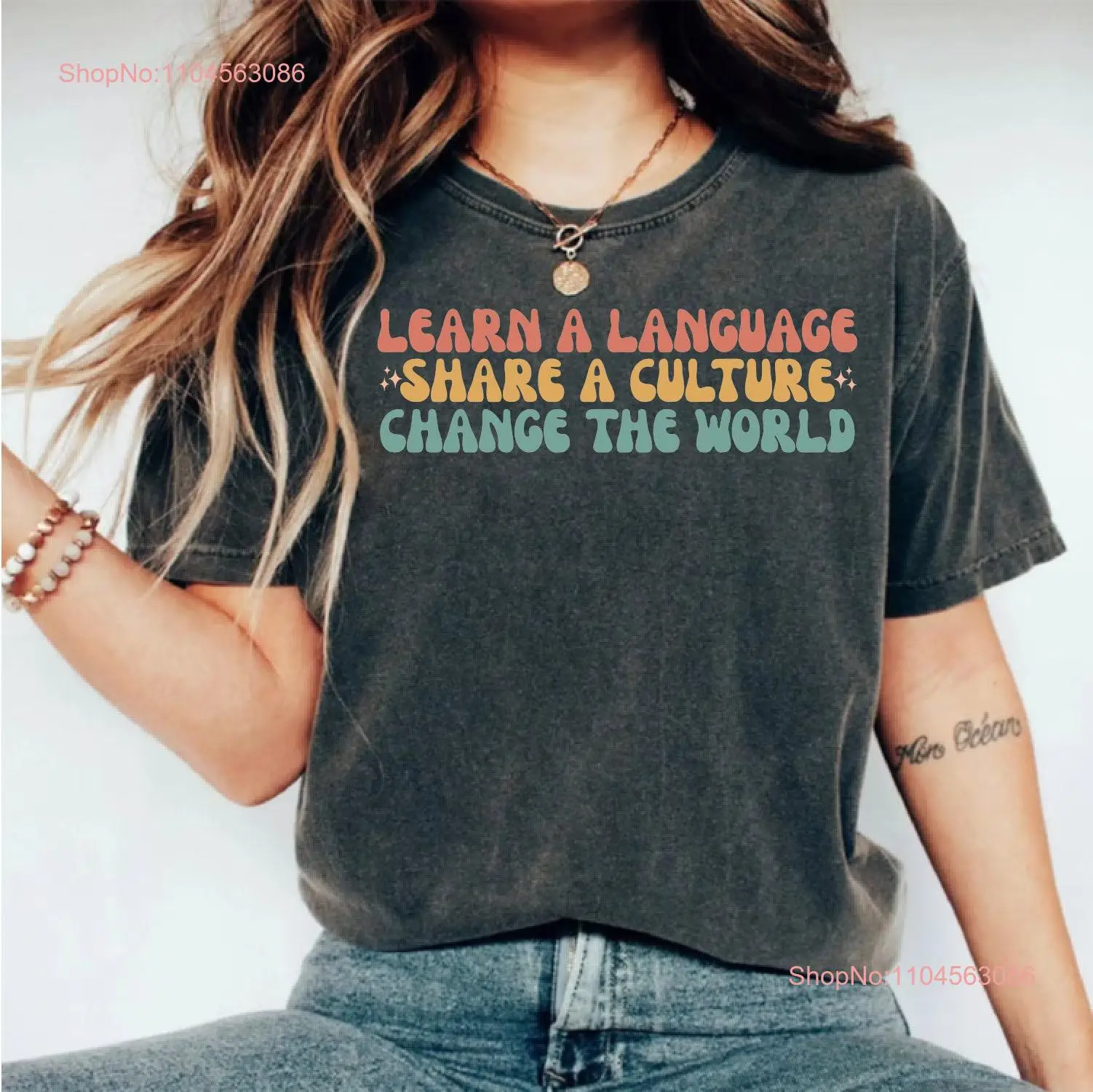 Learn a language share culture change the world Spanish Teacher T Shirt Bilingual Dual Instruction long or short sleeves