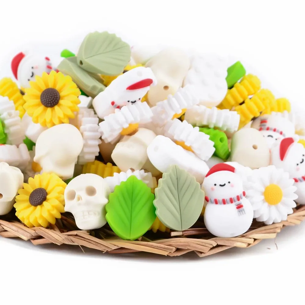 Lofca 5 stücke Gänseblümchen und Sonnenblume Santa Claus Cartoon Silikon Perlen Lebensmittel qualität DIY Silikon Schlüssel bund Schmuck Zubehör