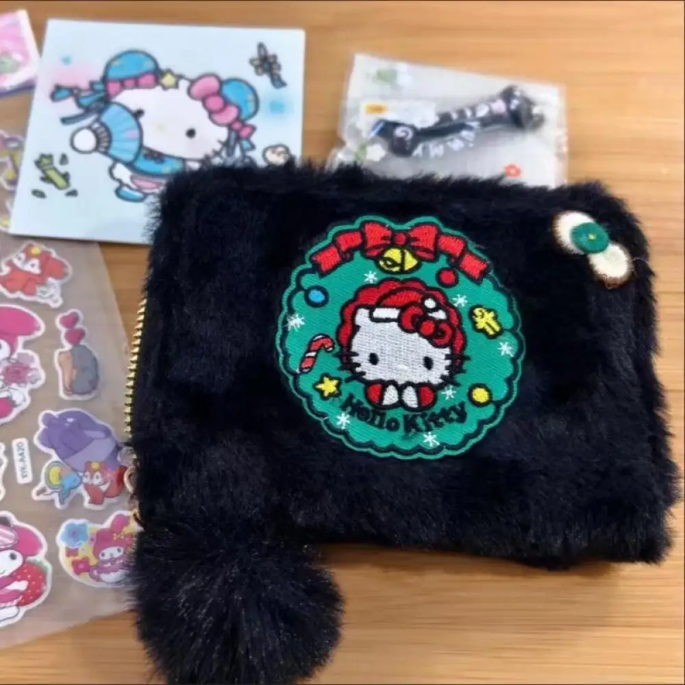 Sanrio Hello Kitty-cartera de felpa con cremallera de 13Cm, tarjetero, monedero, cambio suelto, cosméticos, almacenamiento multicapa, regalo de Navidad para Amiga