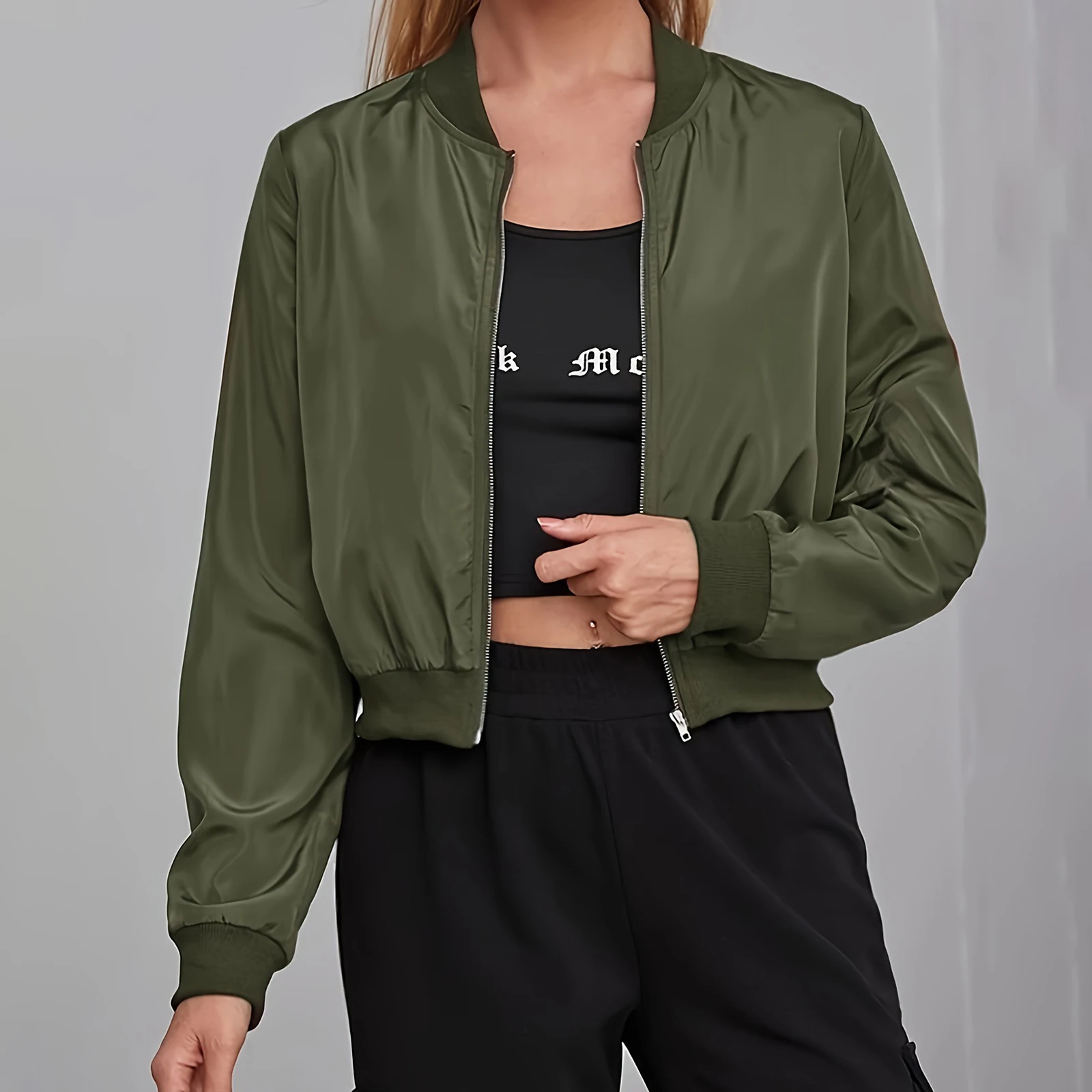 

Новая модная женская повседневная куртка-бомбер модная легкая однотонная укороченная куртка на молнии верхняя одежда горячая распродажа S-XL