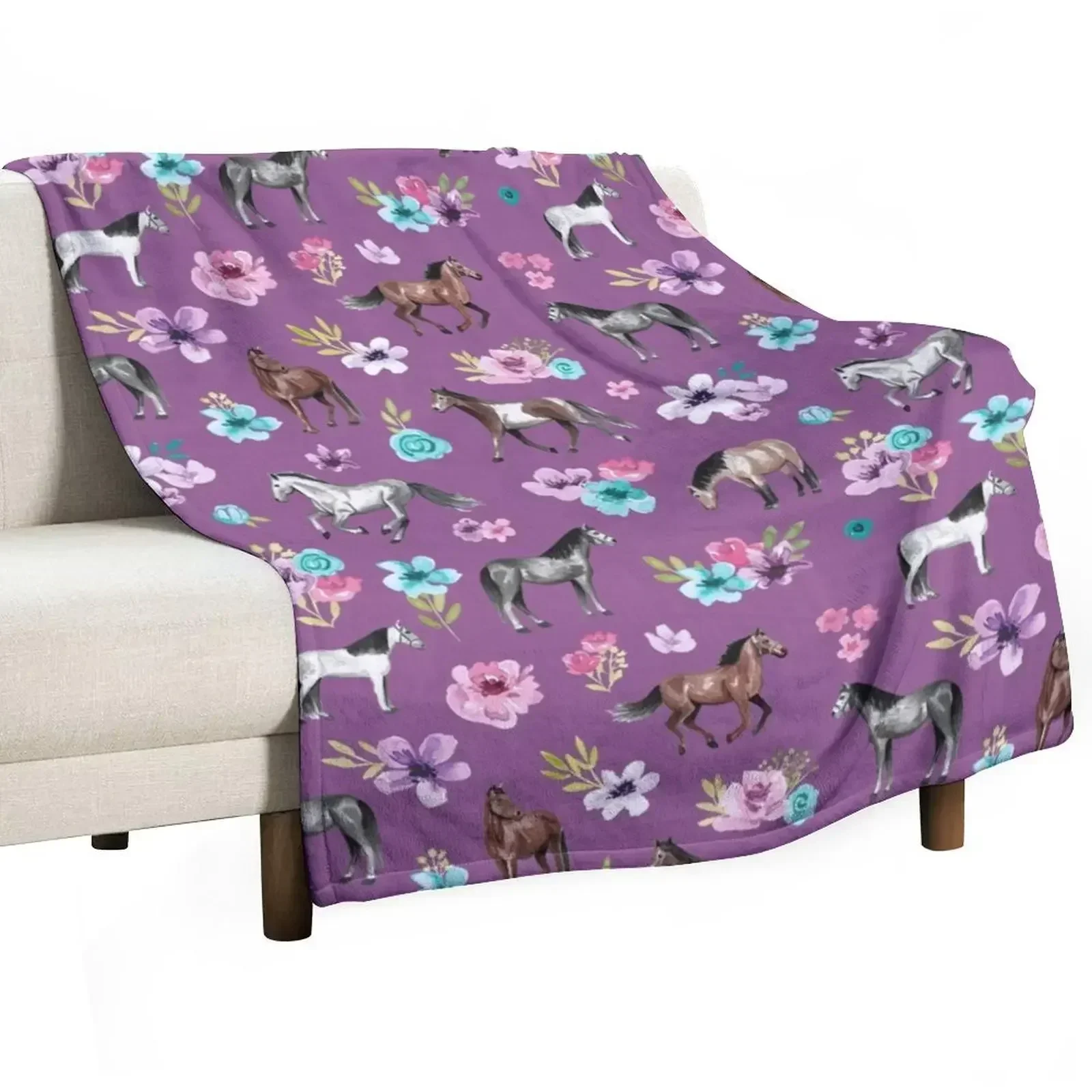

Horse Pattern, Floral Print, Horse Love, Wild Horses and Flowers, Purple Throw Blanket Thermals For Travel Soft Plaid Blankets