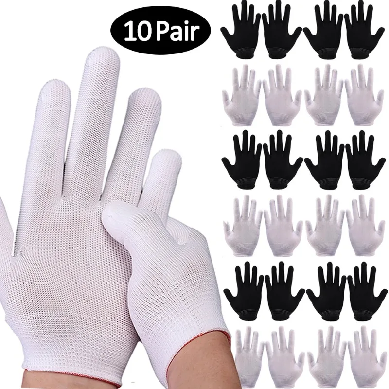 10/1Pair Nylon Gloves White/Black Work Protective Glove Non-slip Elastic Gloves for Craft Washable Cleaning Tool Garden Supplies