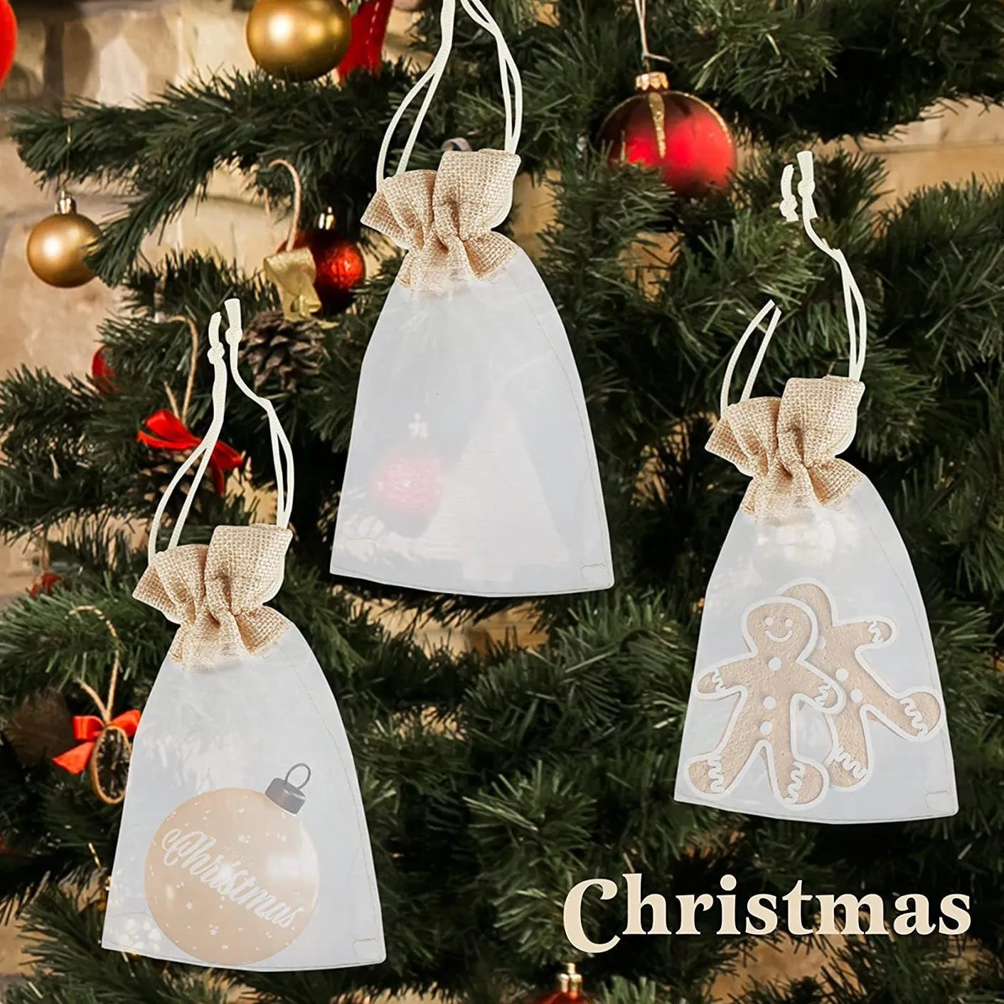 10 Stück gespleißte Organza-Jute-Beutel mit Kordelzug, transparente Mini-Geschenkbeutel für Weihnachten, Hochzeit, Party, Gastgeschenke, Aufbewahrung zu Hause – Detail 6