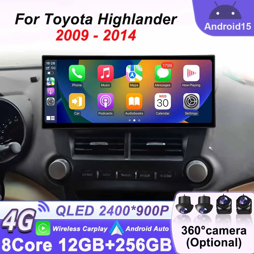 Stereo Car Radio Multimedia Android 15 for Toyota Highlander 2009-2014 Wireless CarPlay Bluetooth GPS Navigation 4G TLE WIFI DSP