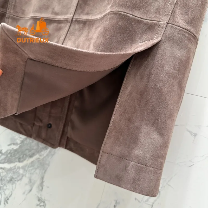 Winter Suede Leather Jacket with Lapel and  Pockets Oversize, 100% Genuine Sheepskin Gentle and Luxurious Fashion Women's Coat