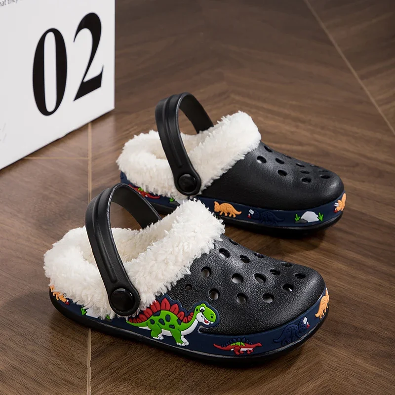 Winter Children Slipper Cotton Baby Boy Clogs Cartoon Excavator Print Comfortable Indoor House Shoes Plus Warm Baby Boy Sandals