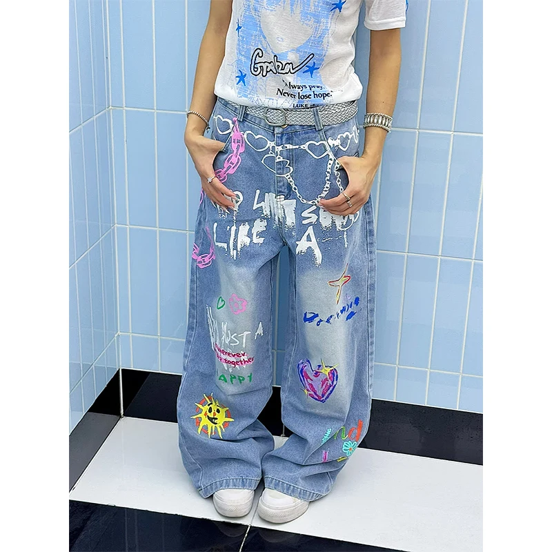 Women Vintage Y2k Baggy Graffiti Print Jeans Streetwear Hip Hop Harajuku Denim Trousers Japanese 2000s Oversize Pants Clothes