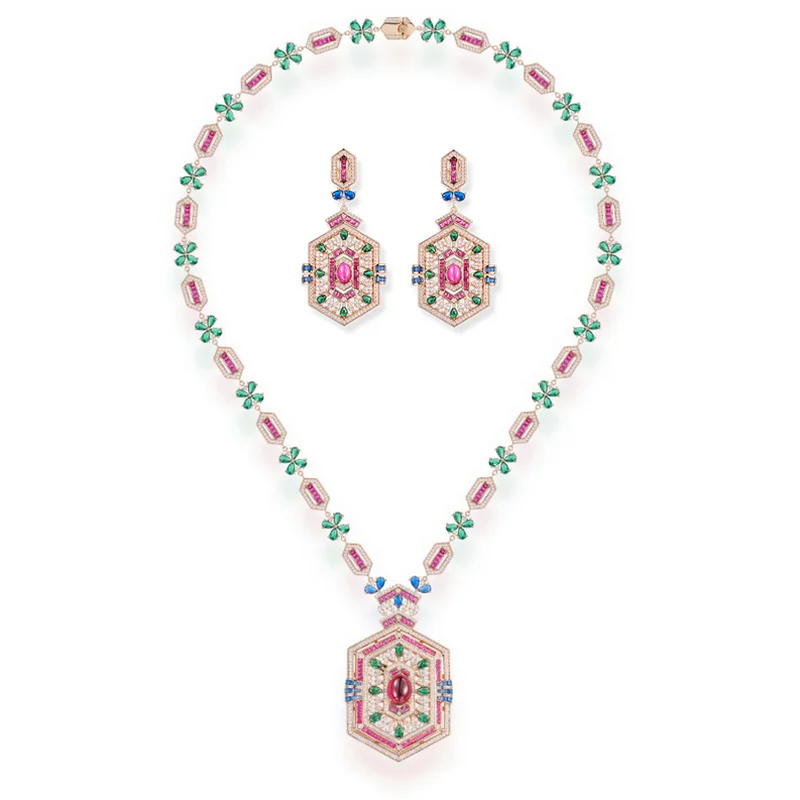 Designer Collection Earrings Necklace Women Lady Inlay Cubic Zircon Synthetic Ruby Rhombus Tassels Pendant Party Jewelry Sets