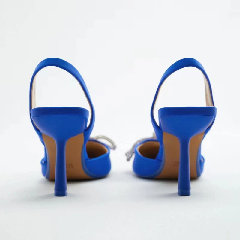 Women Blue Slingback Pumps High Heels Crystal Bowknot Party Dress Shoes Woman Sexy Pointed Toe Stiletto Heel Sandals Summer 2023