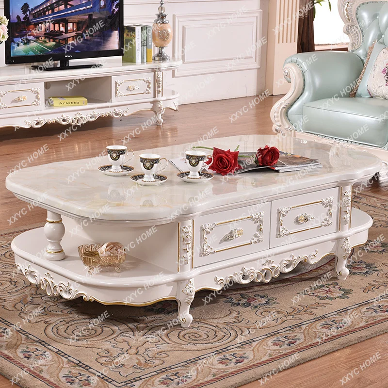 

L all solid wood carving flower paint drawing gold and silver living room coffee table