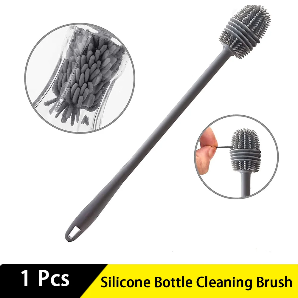 1 Pcs Silicone Bottle Cleaning Brush Grey with Extra Long Handle for Cleaning Flasks Tumbler Glassware Sports Bottles