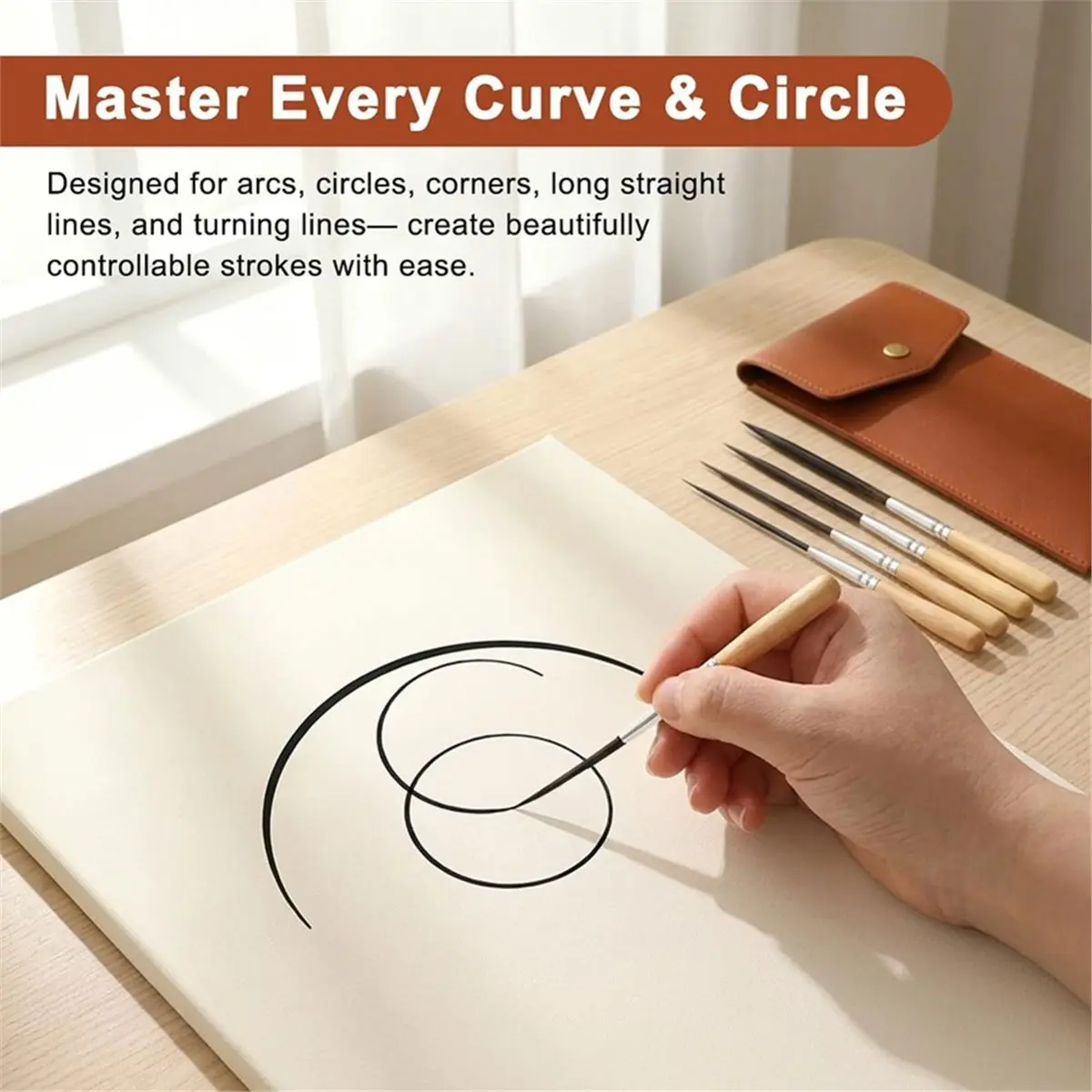 5-Piece Long-Tip Fine-Line Brush Set with Storage Pouch-Suitable for Outlining and Painting, Ideal for Artistic Creation
