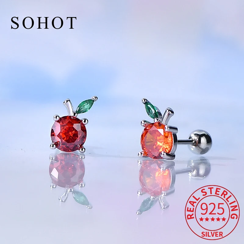 

Real 925 Sterling Silver Piercing Screw Bead Fruit Zircon Mini Stud Earrings for Women Cute Party Fine Jewelry Accessories