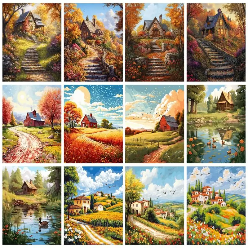 

CHENISTORY Coloring By Number Autumn Houses Kits For Adults Handpainted On Canvas DIY Painting By Number Home Decor