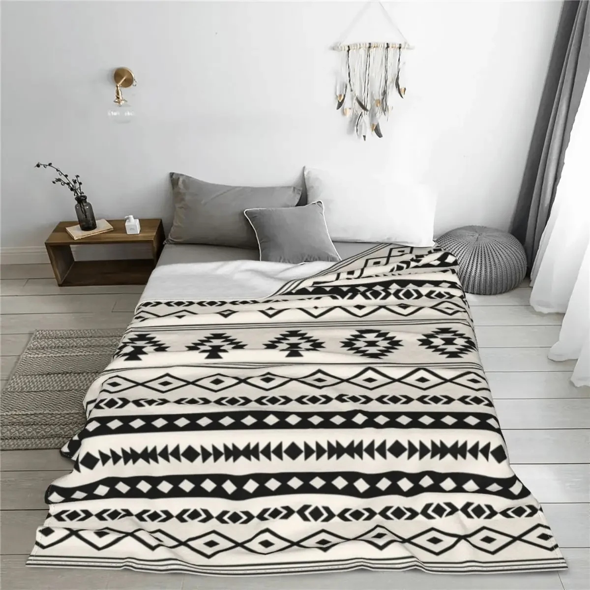 Aztec Black On Cream Mixed Motifs Blanket Fleece Bohemian Aztec Western Breathable Warm Throw Blankets Bedding Car Bedspreads