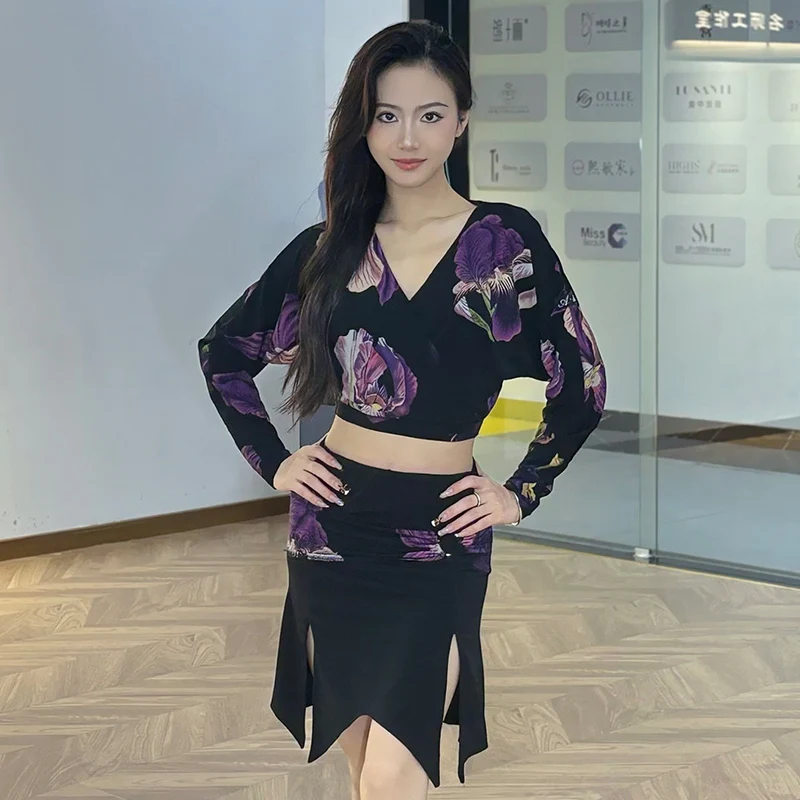 

Purple Flowers Pattern Latin Dance Clothes Women Bat Sleeves Tops Slit Irregular Skirt Adult Rumba Wear Latin Practice Clothing