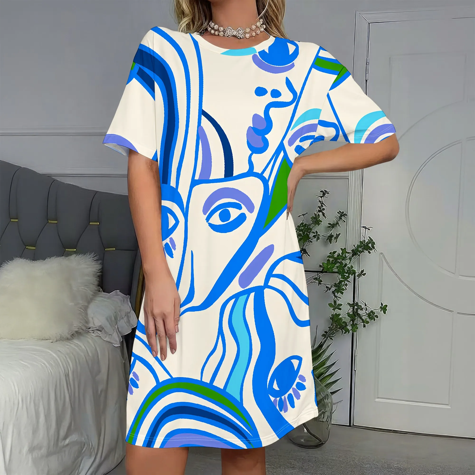 

Abstract Art Print, Short Sleeve Dress, Blue Picasso Face Design, Modern A-Line Tunic, Casual Summer Wear for Women, S-2XL
