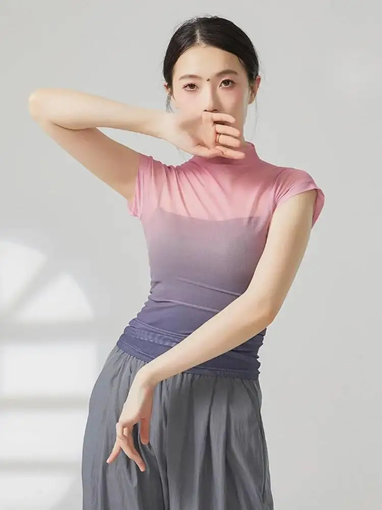 Manga curta gradiente malha dança topo gola alta ver através blusa para mulheres jazz contemporâneo palco prática roupas