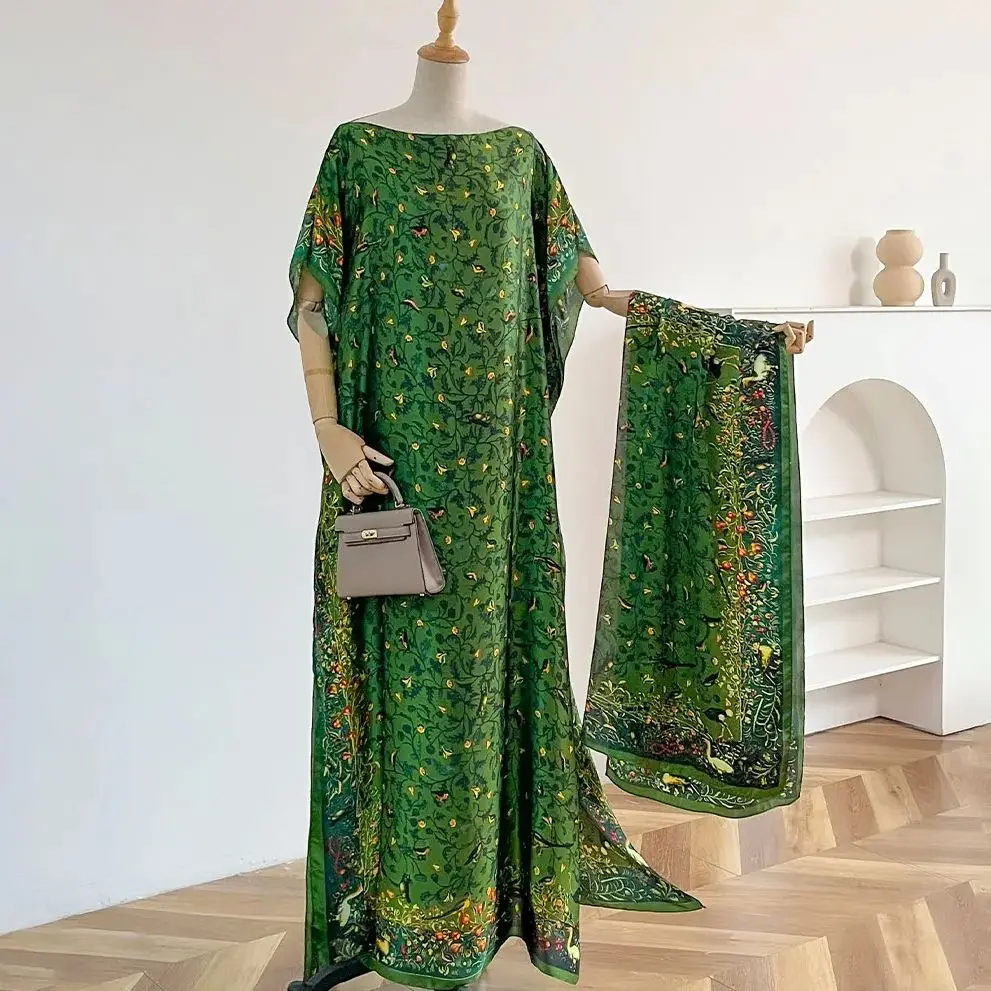 

New 2025 Dubai Abaya For Women Summer Short Sleeve Cotton Dress Gold Stamping Loose Lady Maxi Islam African Dress With Big Scarf
