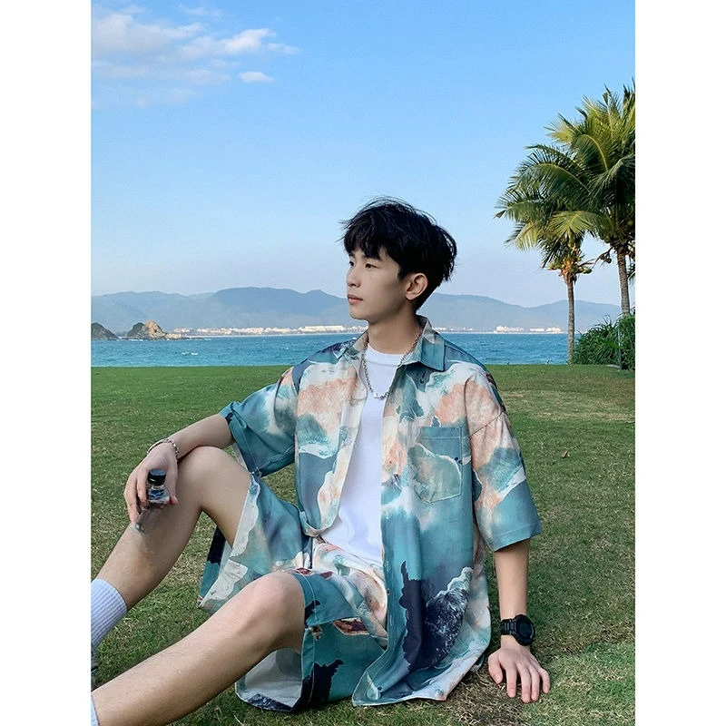 Beach Suit Men's Summer Thin Drape Short-sleeved Shirt Shorts Ice Silk Two-piece Set Trendy Temperament Fashionable Comfortable