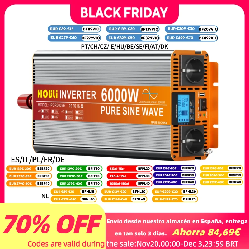 

3000W/6000W Convertisseur 12v 220v Pur Sinus Onduleur Transformateur de Tension écran LED Moniteur, Port USB 3.0A