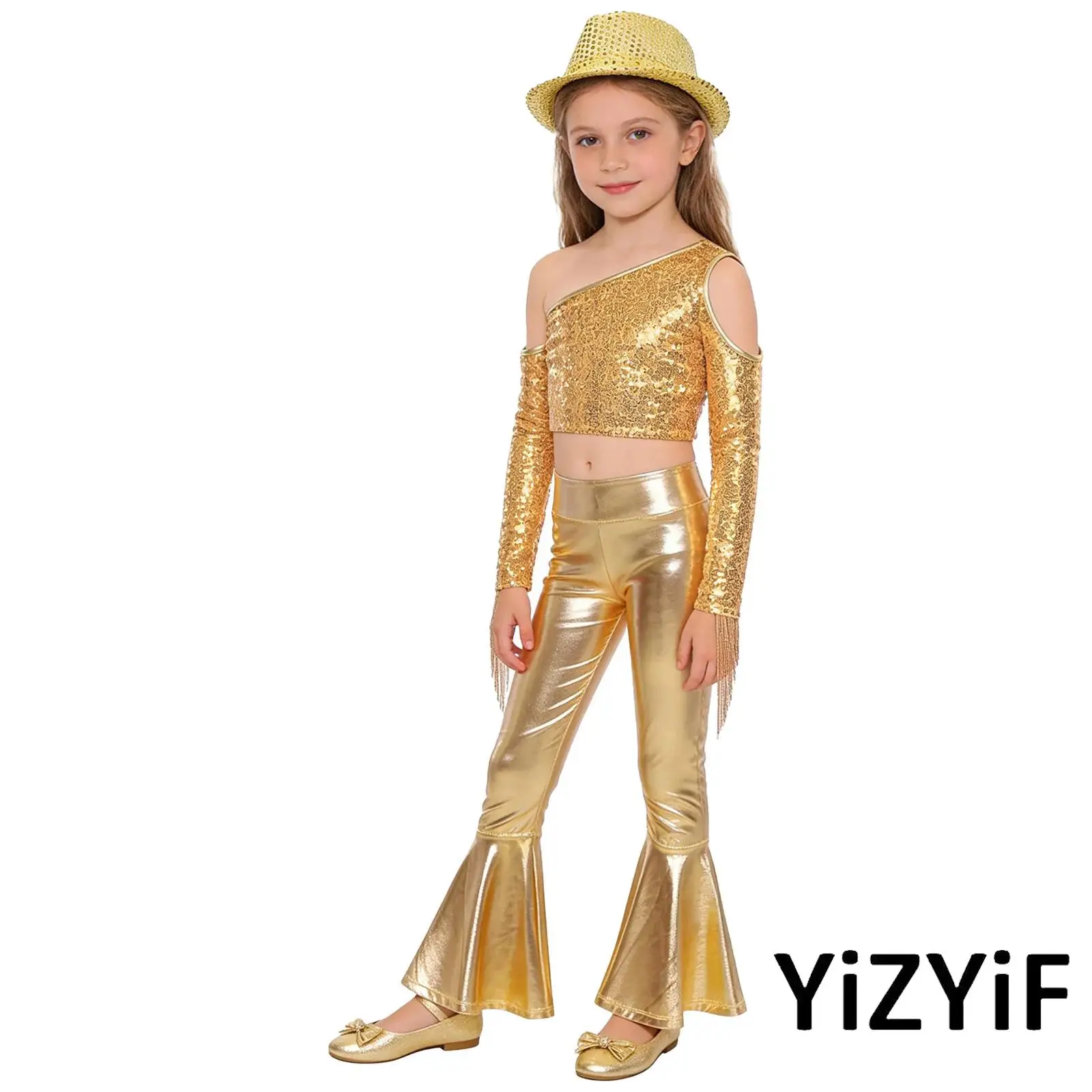 

Kids Girls Jazz Dance Costume with Hat Sequin Tassel Top And Metallic Bell Bottom Trouser for Hip Hop Street Dance Performance
